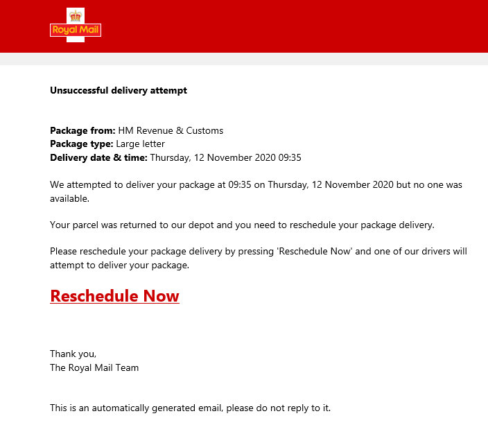 Royal Mail Redelivery Package Email Scam