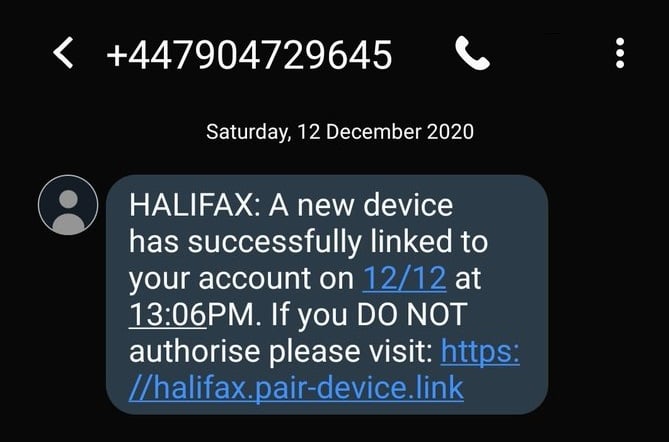 HALIFAX ALERT: A new device has successfully linked to your account text or SMS scam