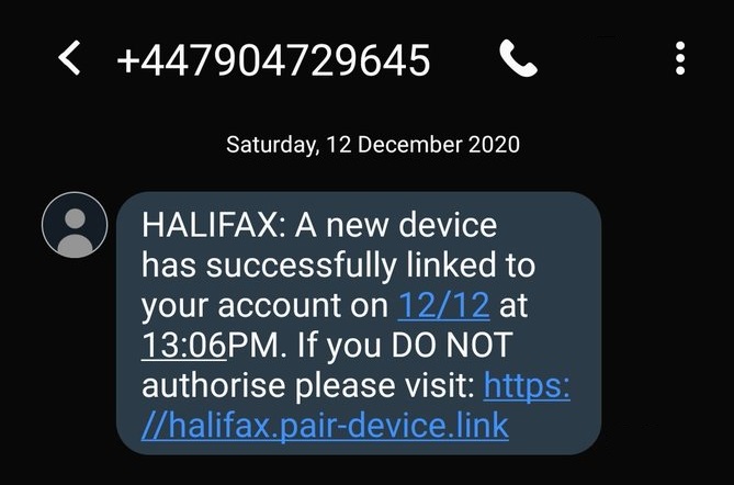 HALIFAX ALERT: A new device has successfully linked to your account text or SMS scam