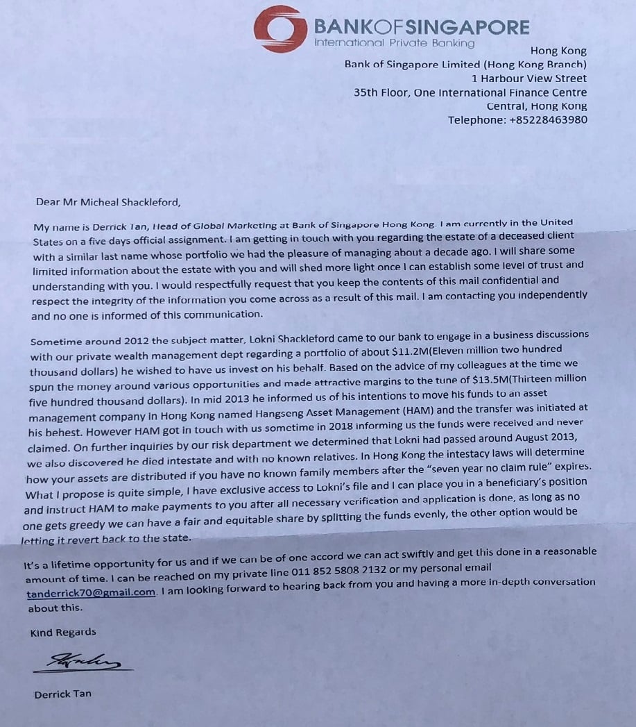 The Derrick Tan Bank Of Singapore Scam Letter