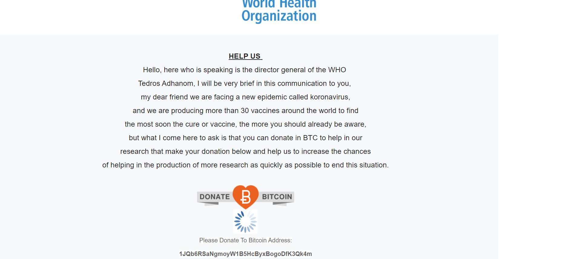 A Fake WHO Help Us Donate via Bitcoin Email