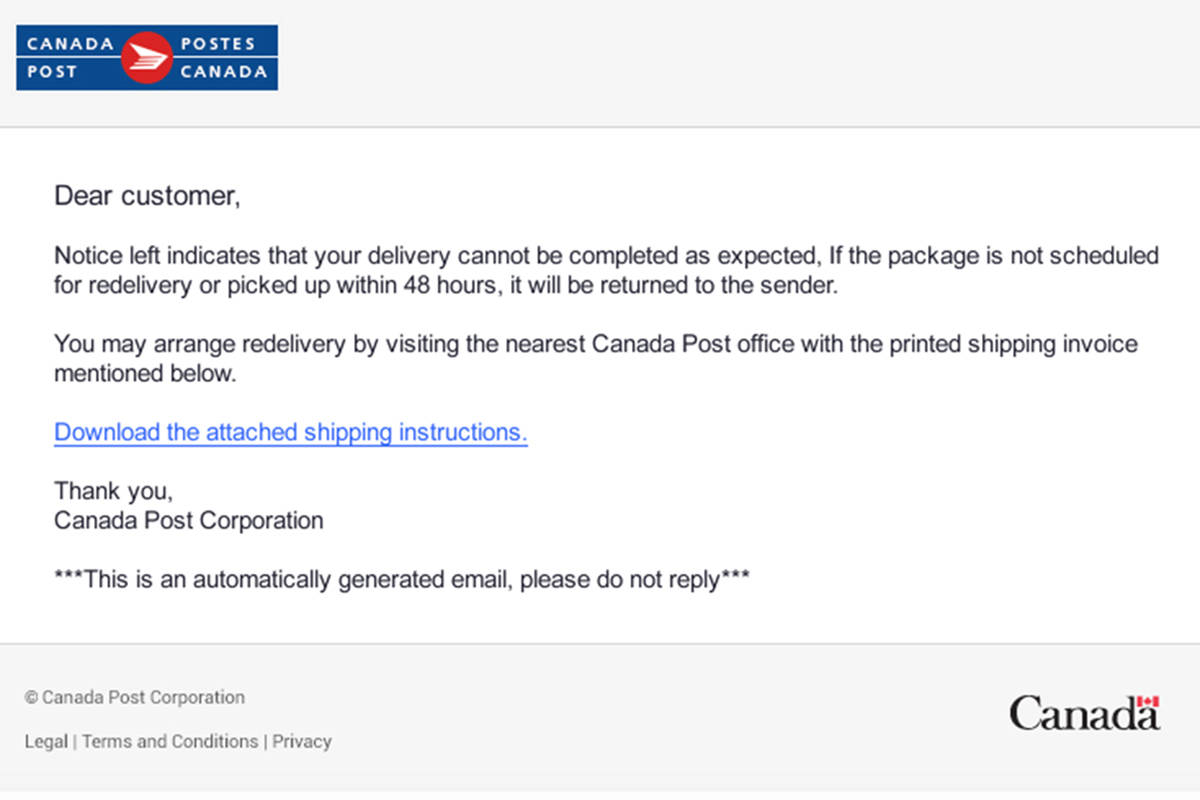 Canada Post Shipment Notification Phishing Scam