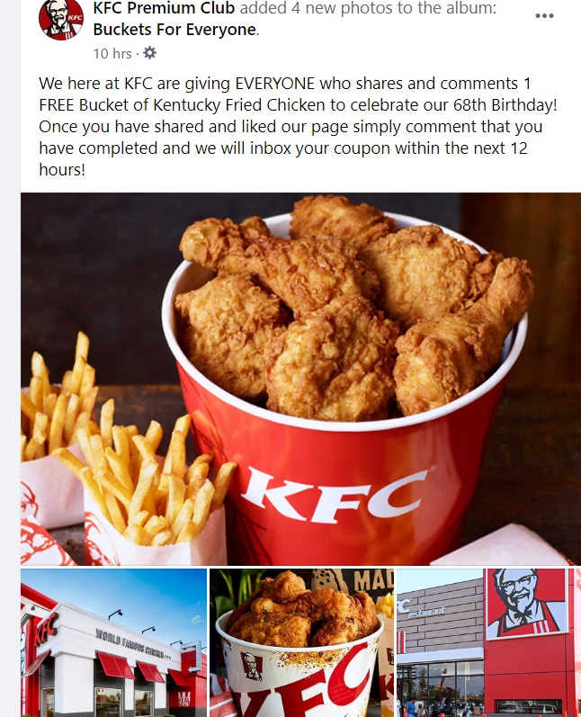 The "Free Kentucky Fried Chicken (KFC) Bucket" Facebook Scam.