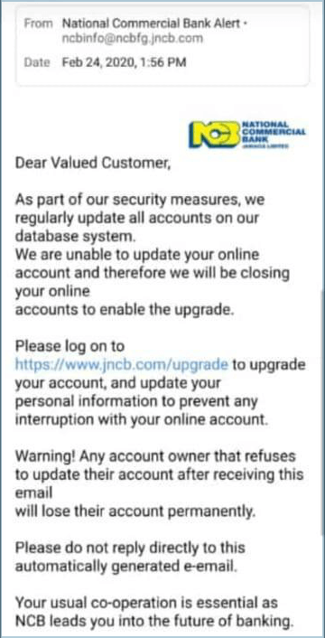 NCB Jamaica Phishing Email Scam