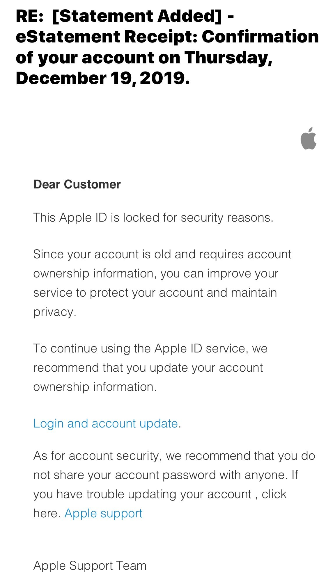 A Fake "Account Locked Email" From web.appsupport.com