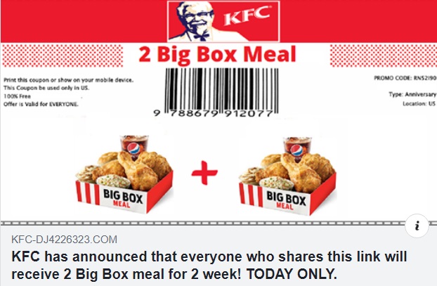 KFC 2 Big Box Meal for 2 Week Facebook Scam