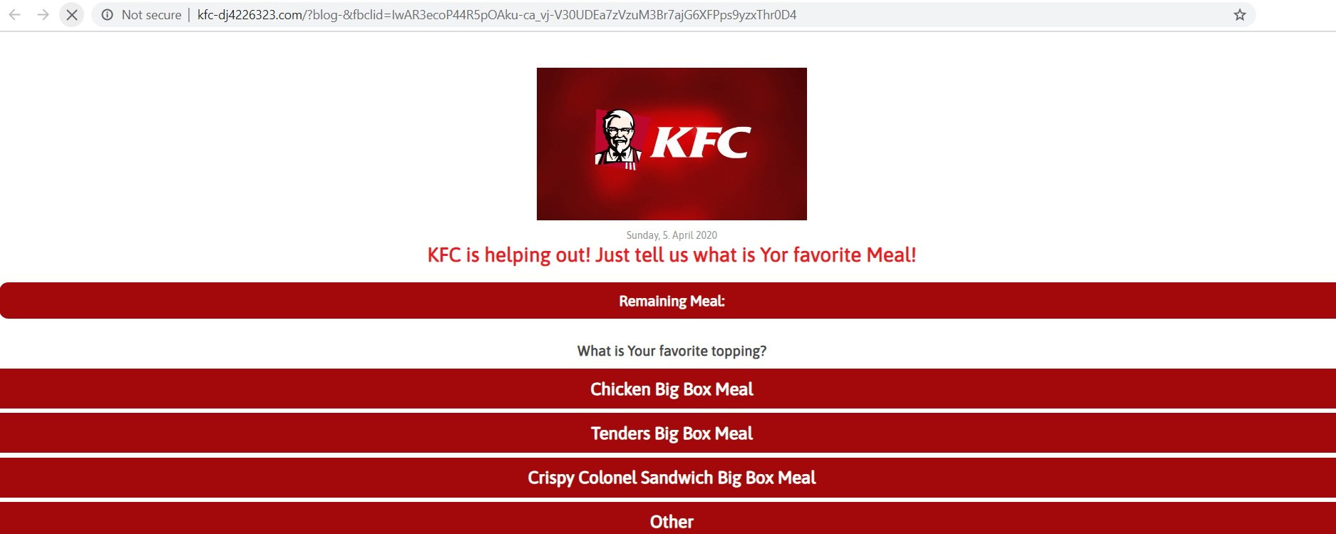 KFC 2 Big Box Meal for 2 Week Facebook Scam