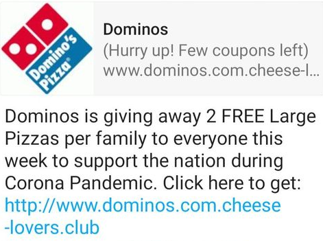 Dominos Free Pizza Coronavirus Scam And Fake Promotion