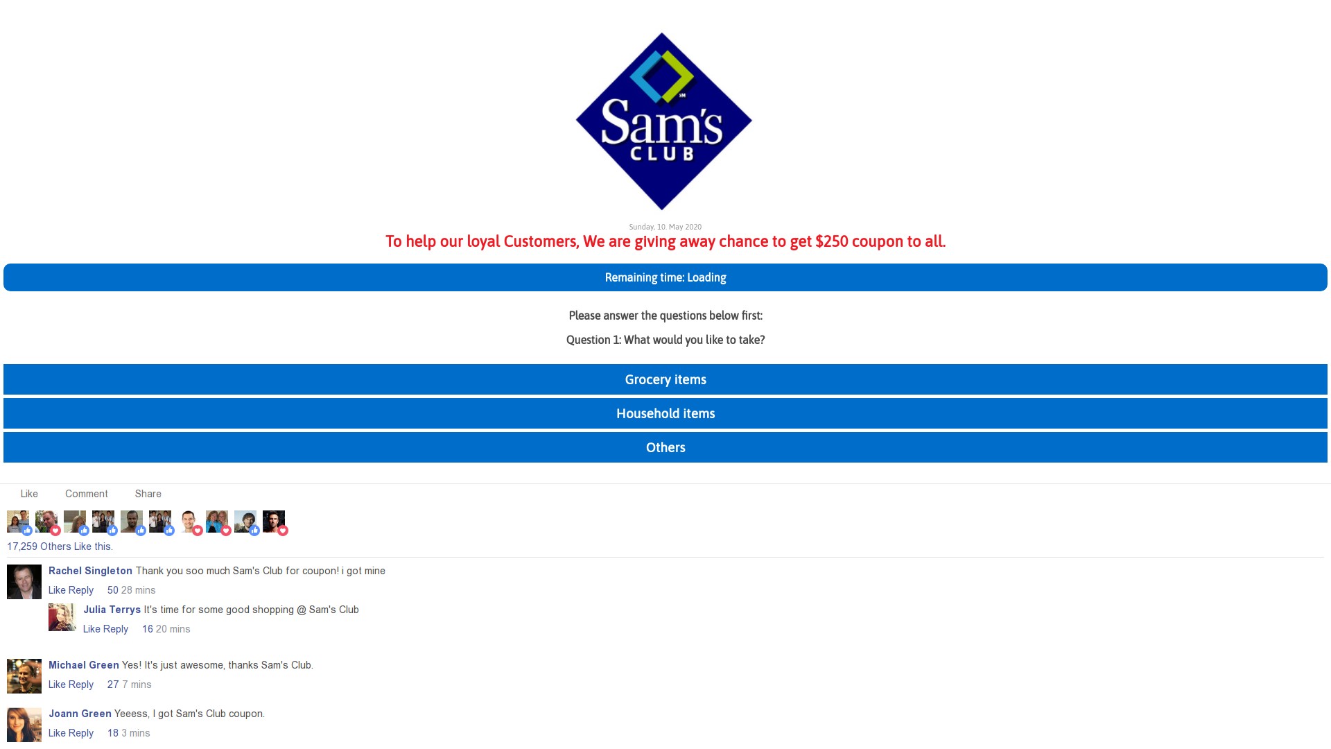 Sam's Club $250 Coupon Facebook Scam at tradersamop.com