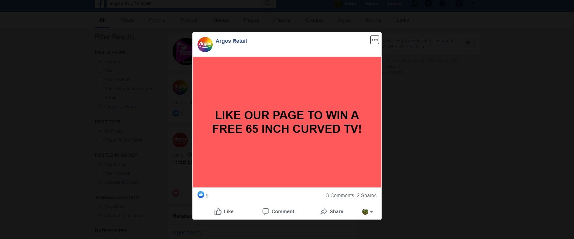 The Argos Free TV Scam on Facebook