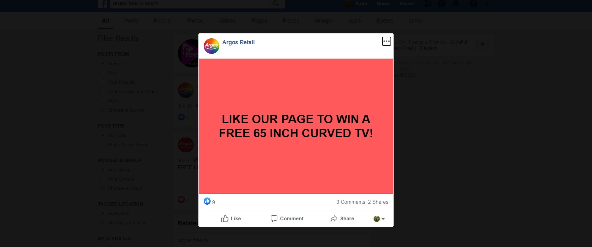 The Argos Free TV Scam on Facebook