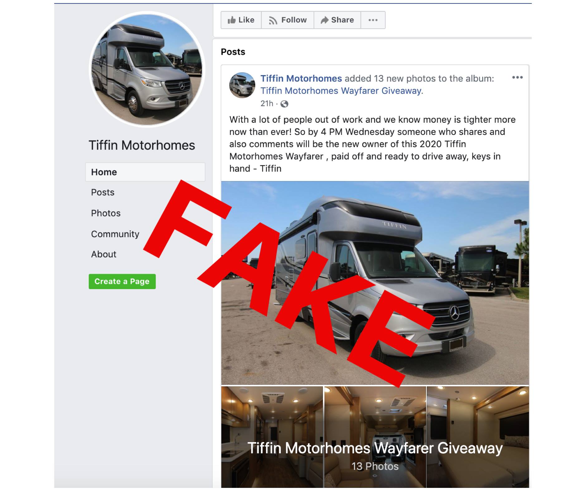 Tiffin Motorhomes Wayfarer Giveaway Scam on Facebook