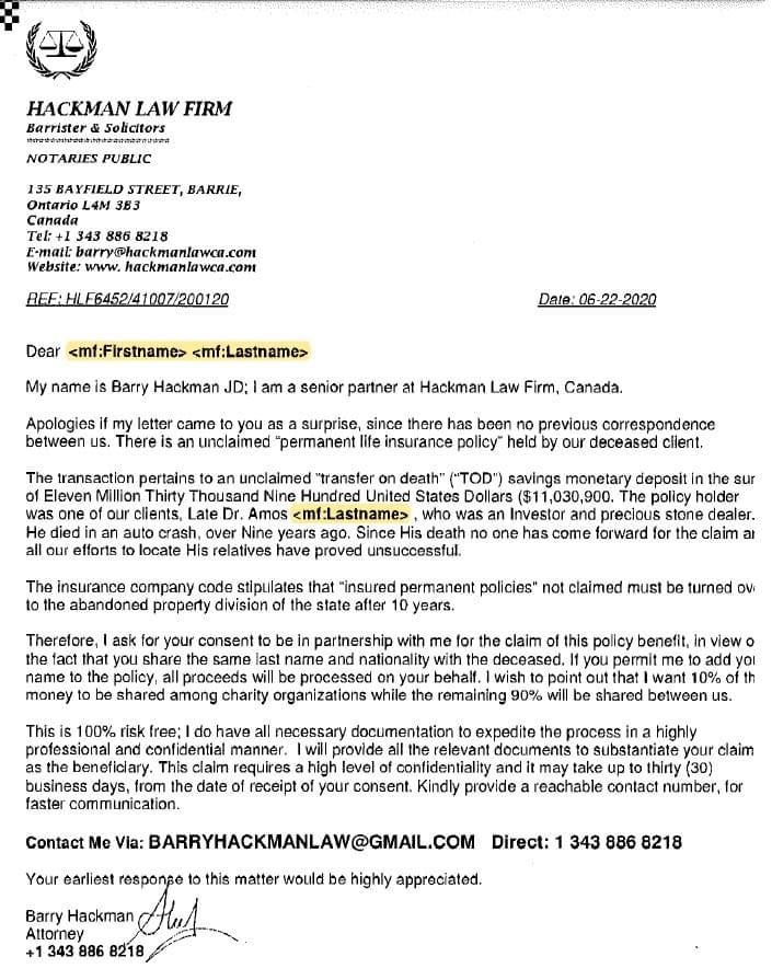 Hackman Law Firm Ontario Canada Scam