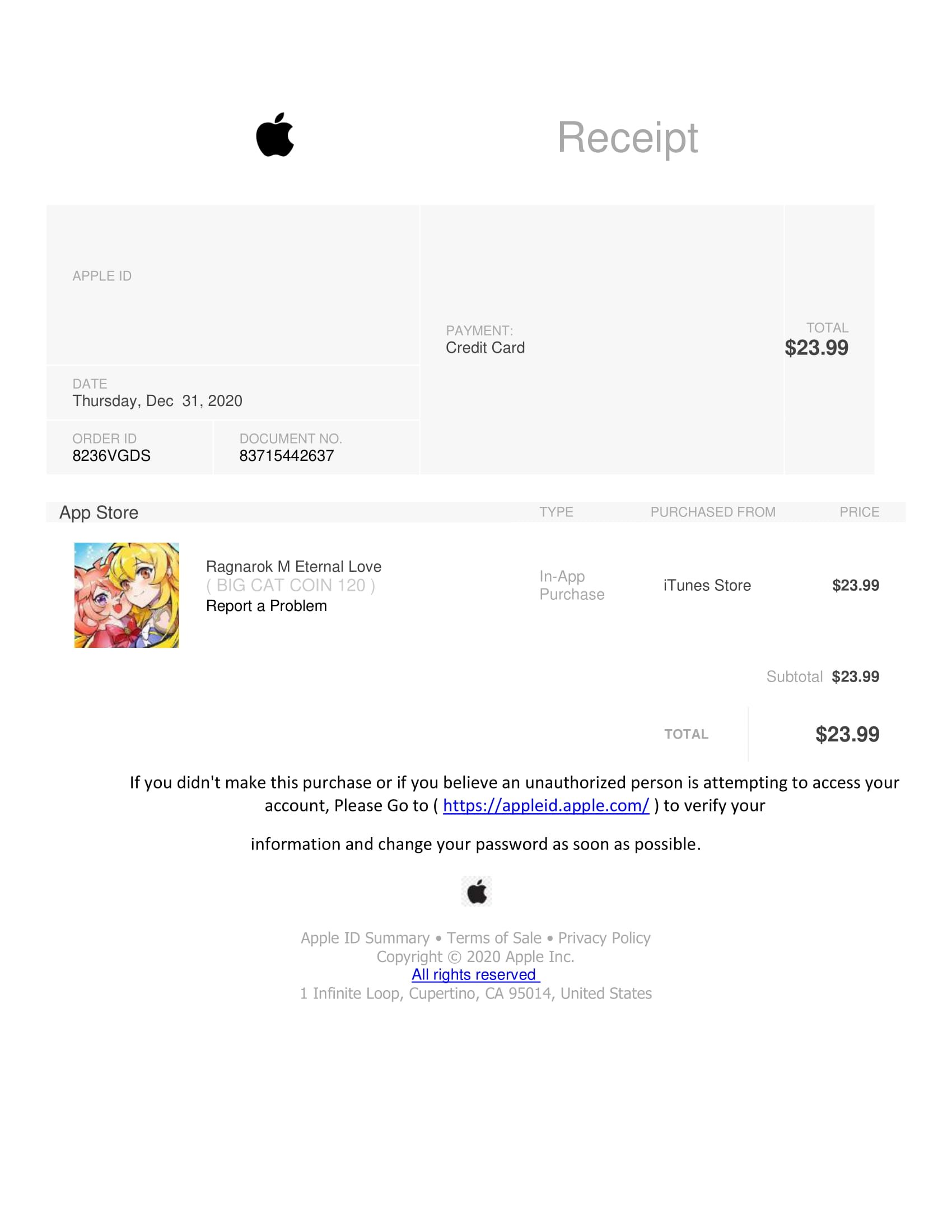 Apple Support Scam Email Invoices- Summoners War, Chest of Crystals Report a Problem