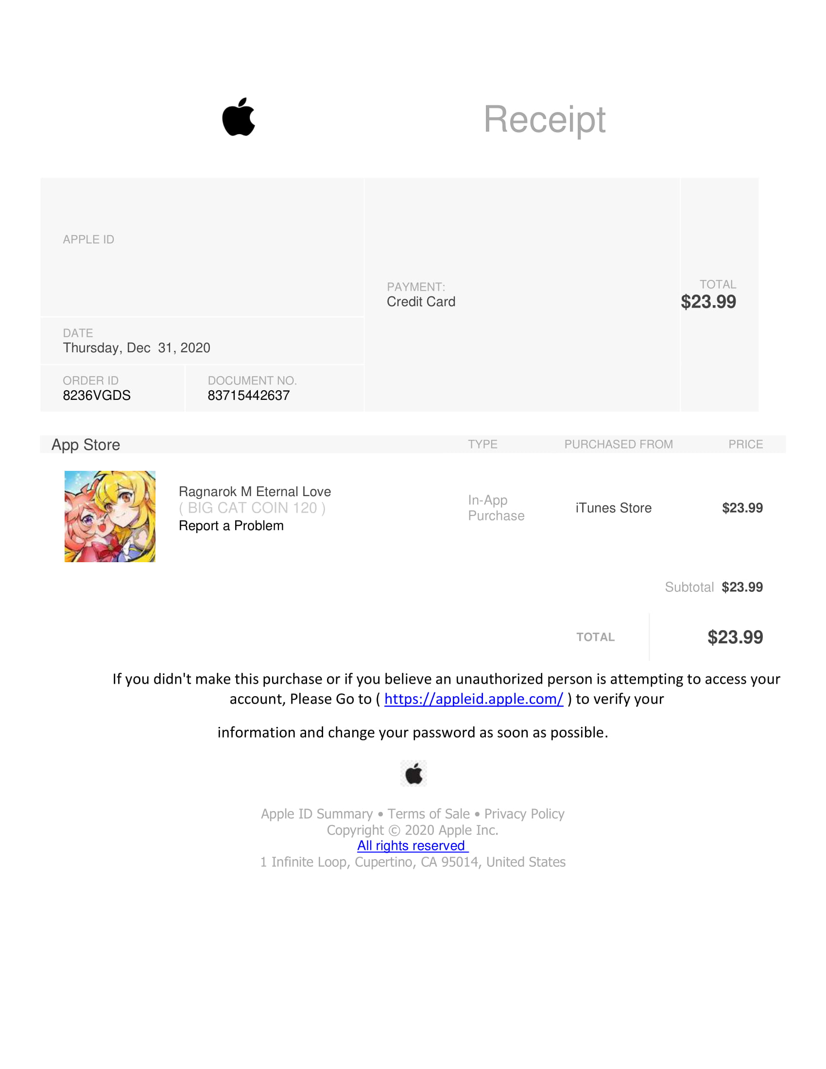 Apple Support Scam Email Invoices- Summoners War, Chest of Crystals Report a Problem