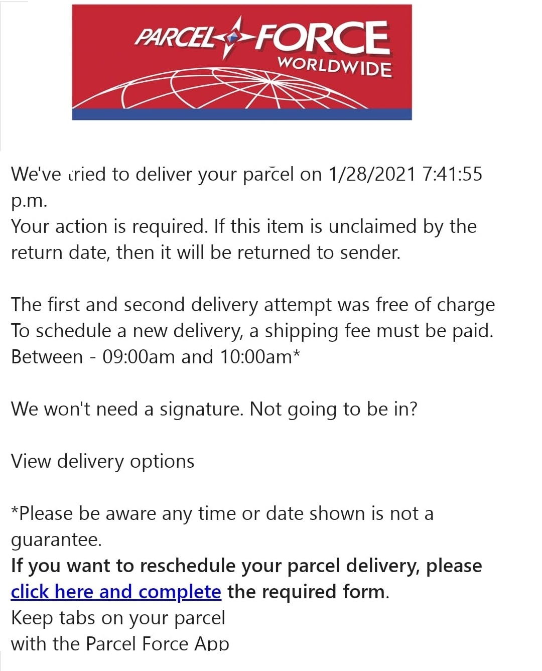 Parcelforce Scam Email - Parcel Force Scam