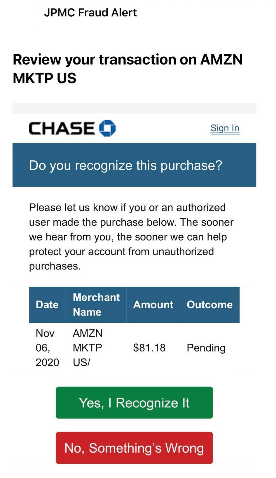 JPMC Fraud Alert Email Scam - Do You Recognize This Purchase