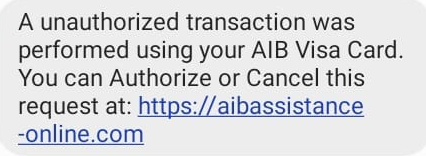 AIB Scam Text Message - Unauthorized or Suspicious Direct Debit Transaction