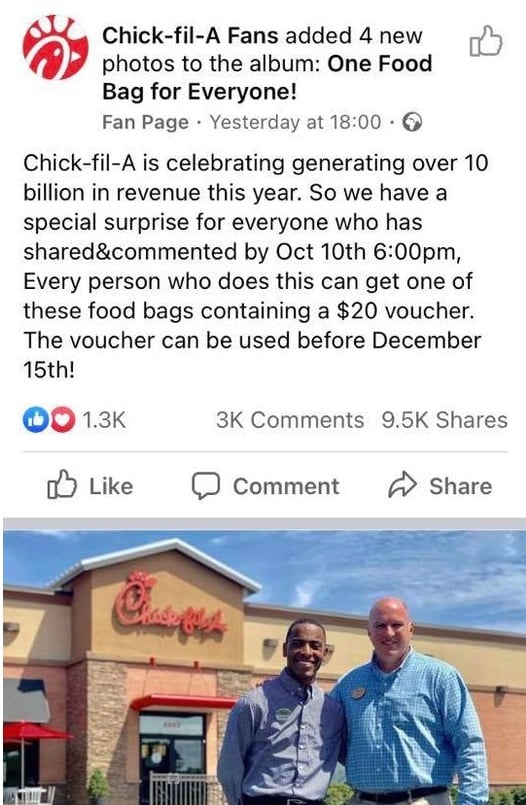 The Chick-fil Voucher or Coupon Scam on Facebook