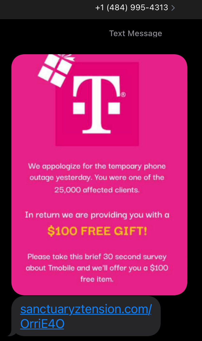 4708309816 t mobile $100 free gift scam - t mobile outage text message