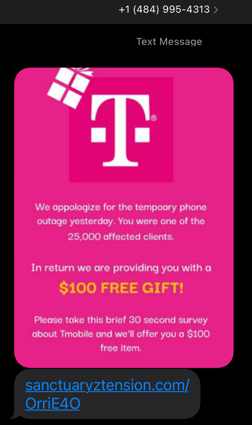 t mobile $100 free gift scam - t mobile outage text message - 4849954313