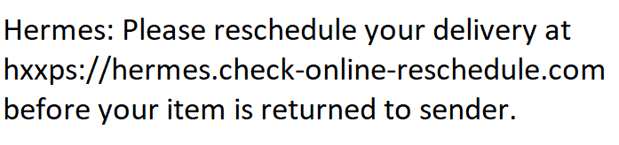 Hermes Please reschedule your delivery - Hermes Check Online Reschedule Scam Text