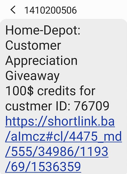 Home Depot Customer Appreciation Giveaway Scam Text