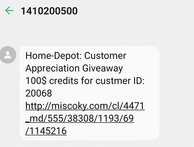 Home Depot Customer Appreciation Giveaway Scam Text 2