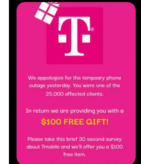 9295535696 t mobile $100 free gift scam - t mobile outage text message