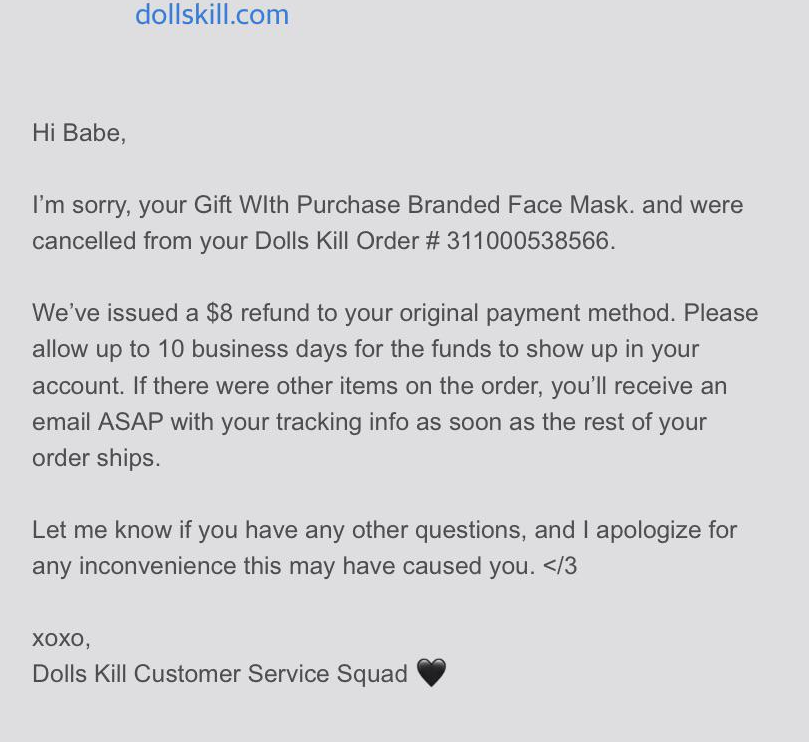 The DollsKill Order Status Email
