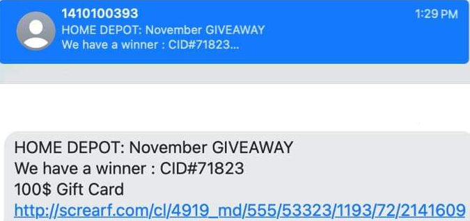 Home Depot November Giveaway Scam Scam Text Message
