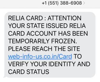 Reliacard Scam Text