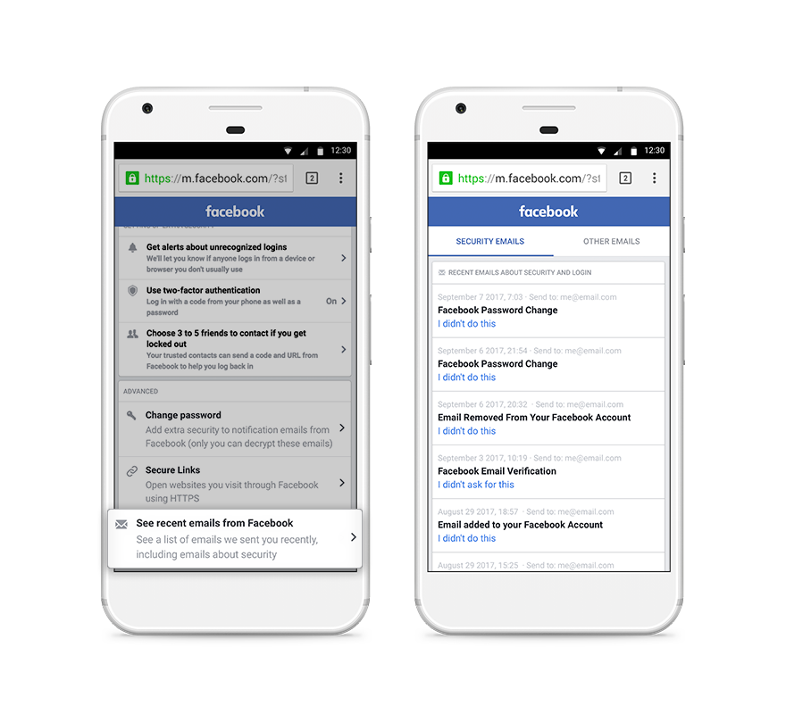 Facebook Recent Emails About Security and Login Tool