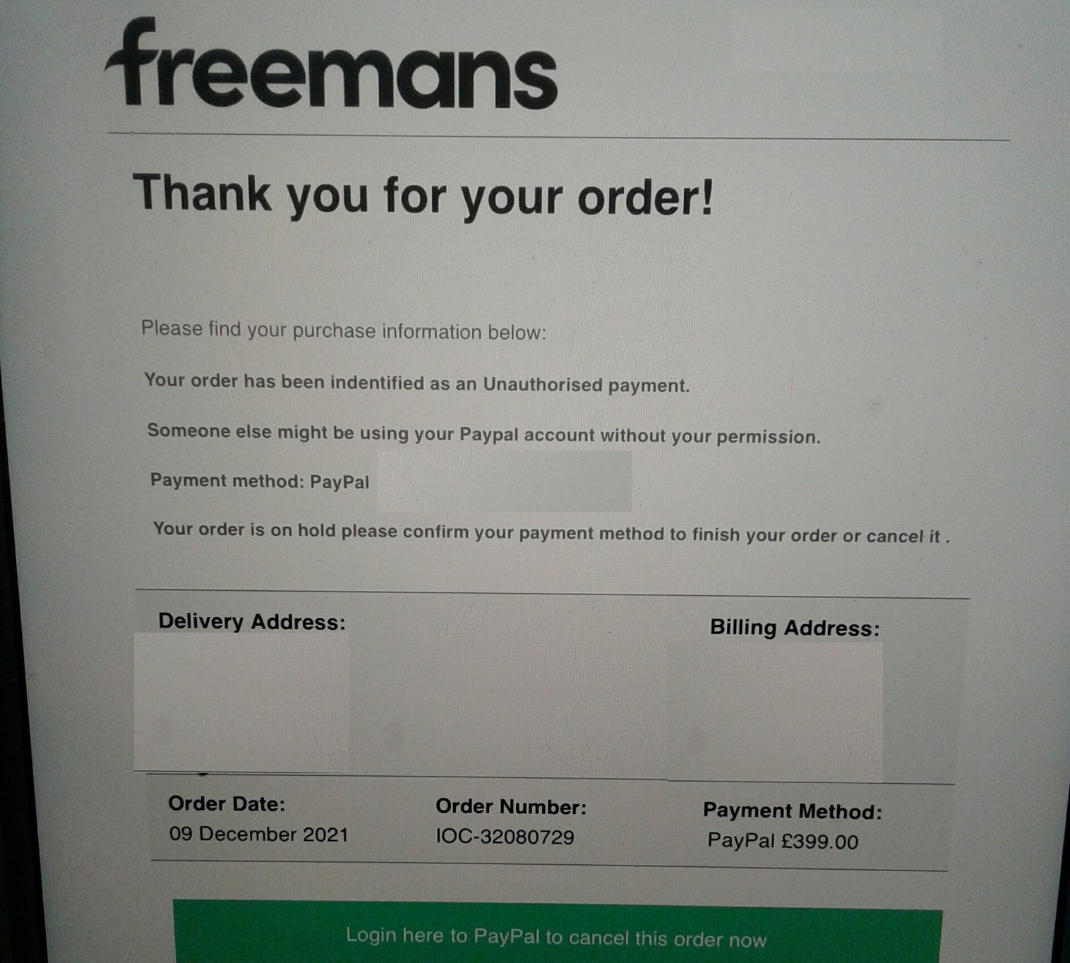 freemans scam email, freemans phishing email, orders@freemansorder.com, confirmation@freemansorder.com
