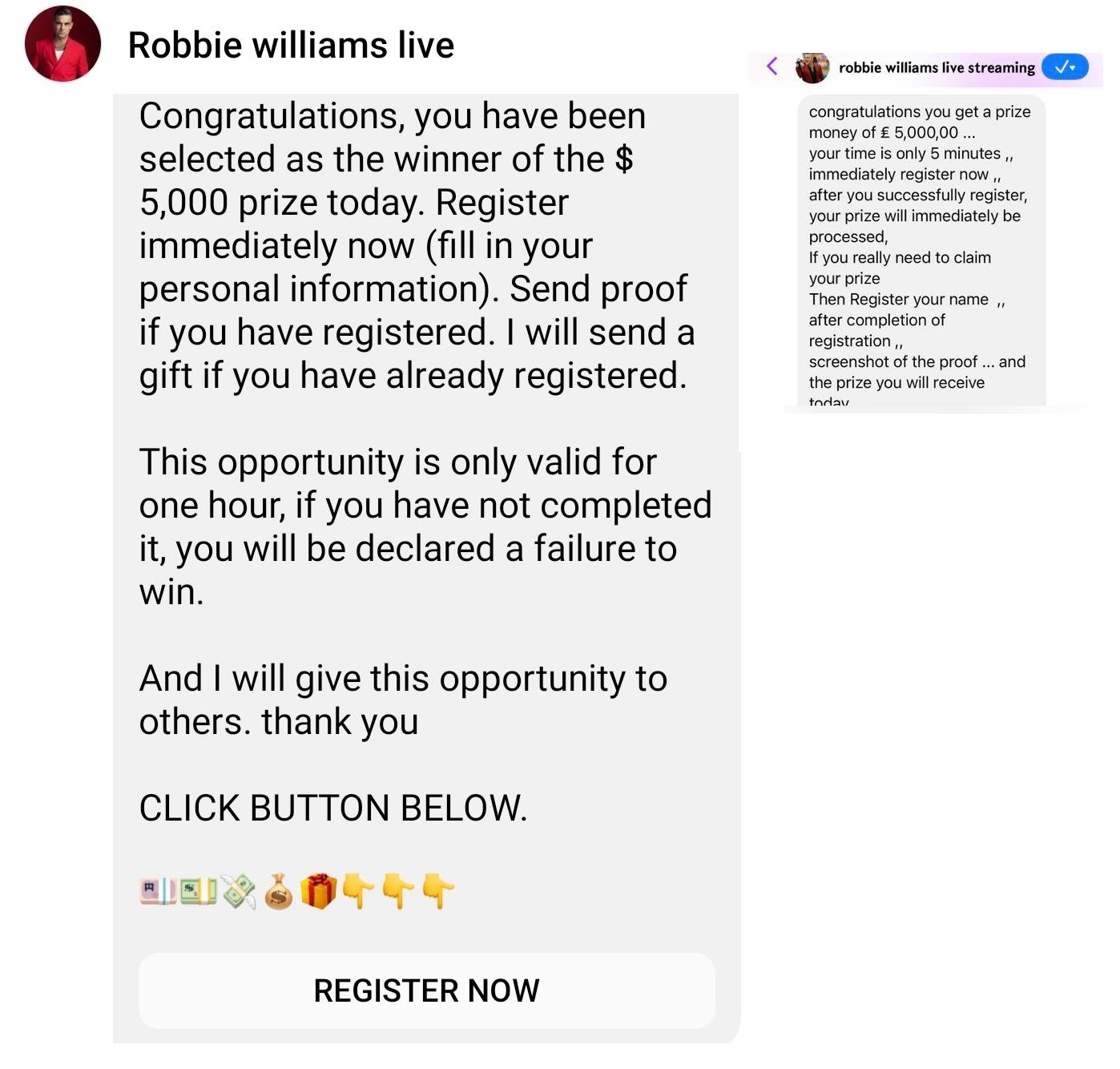 Robbie Williams Facebook Scam