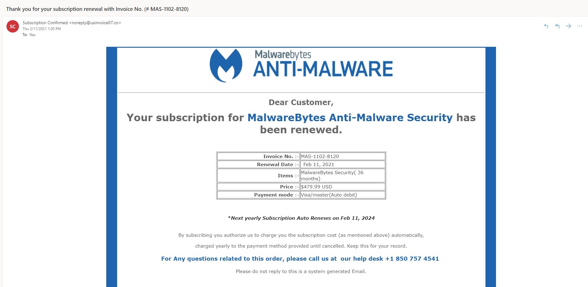 fake Malwarebytes Anti-Malware Security renewal email invoice