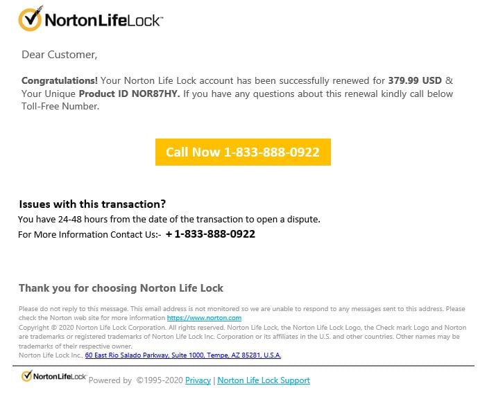 Nortonlifelock Email Scam - 1-833-888-0922