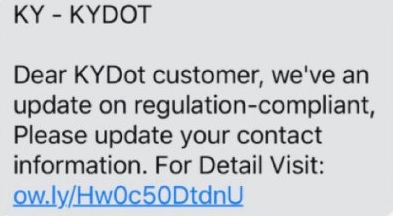 KYDOT Scam Text - Fake Kentucky Department of Transportation SMS