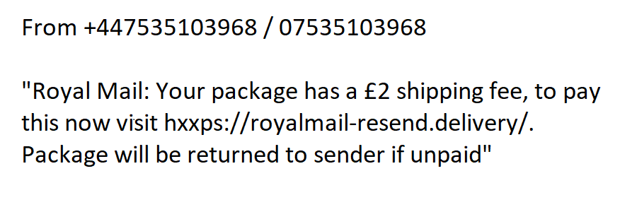 The Royal Mail Resend Delivery Scam - 447535103968 / 07535103968