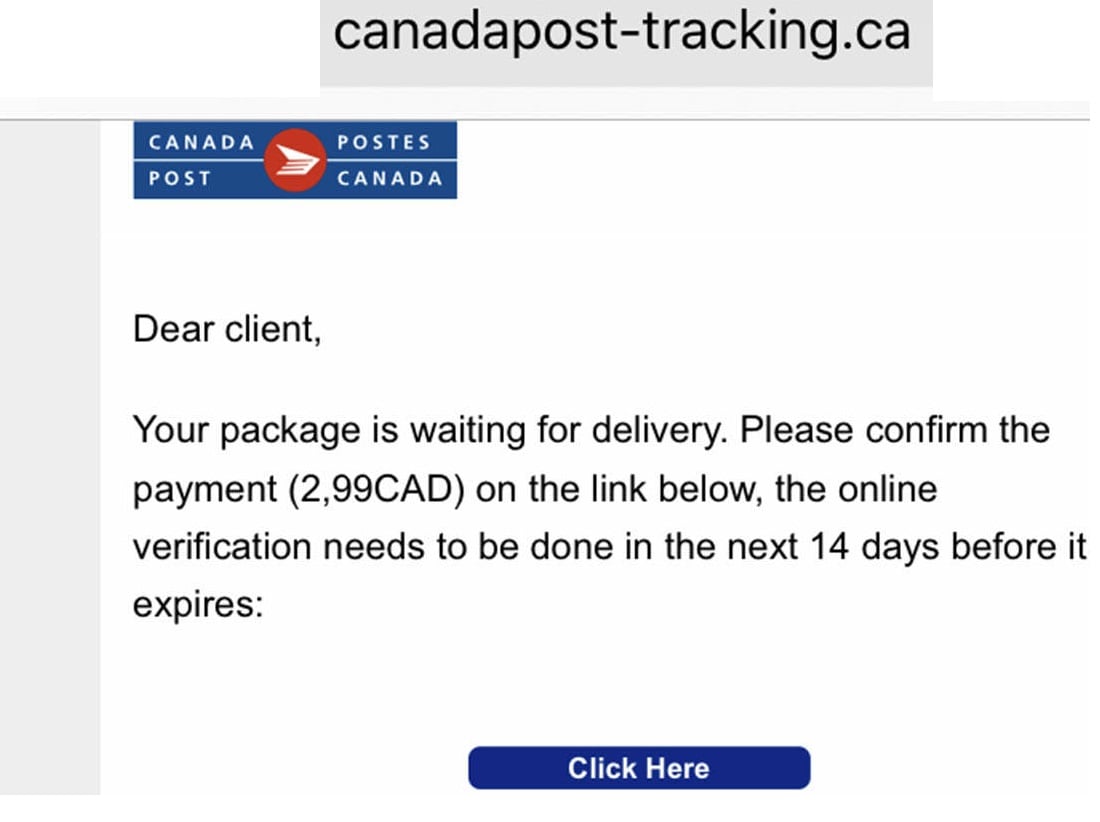 The Canada Post Scam Email - canadapost-tracking.ca