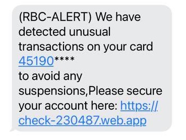 RBC Text Scam Alert - Unusual Transactions and Suspension 2