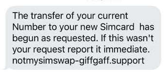 Giffgaff Scam Text - Transfer to New Sim Card Request