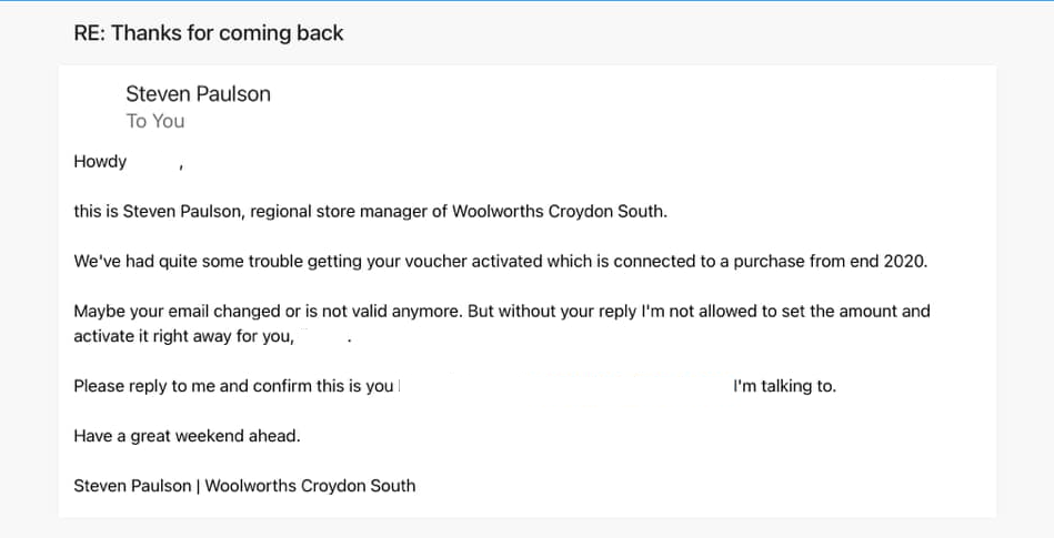 Steven Paulson Woolworths voucher email