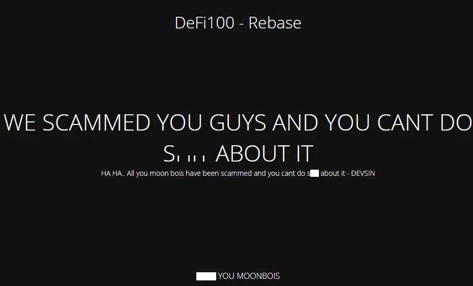 Defi100 Crypto Scam Message on Website