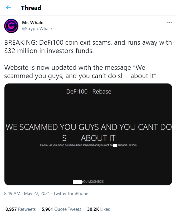 CryptoWhale's Twitter Message Regarding Defi100 Crypto Scam
