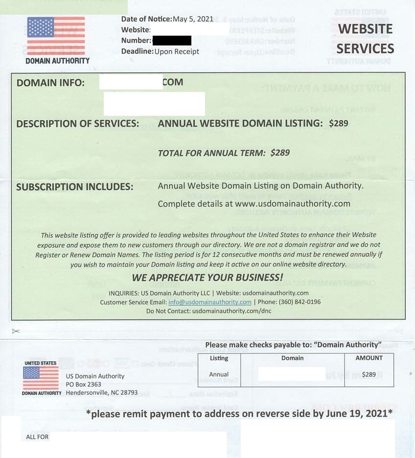 US Domain Authority Scam Letter