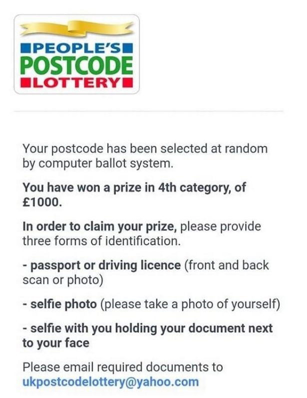 Peoples Postcode Lottery Scam Email
