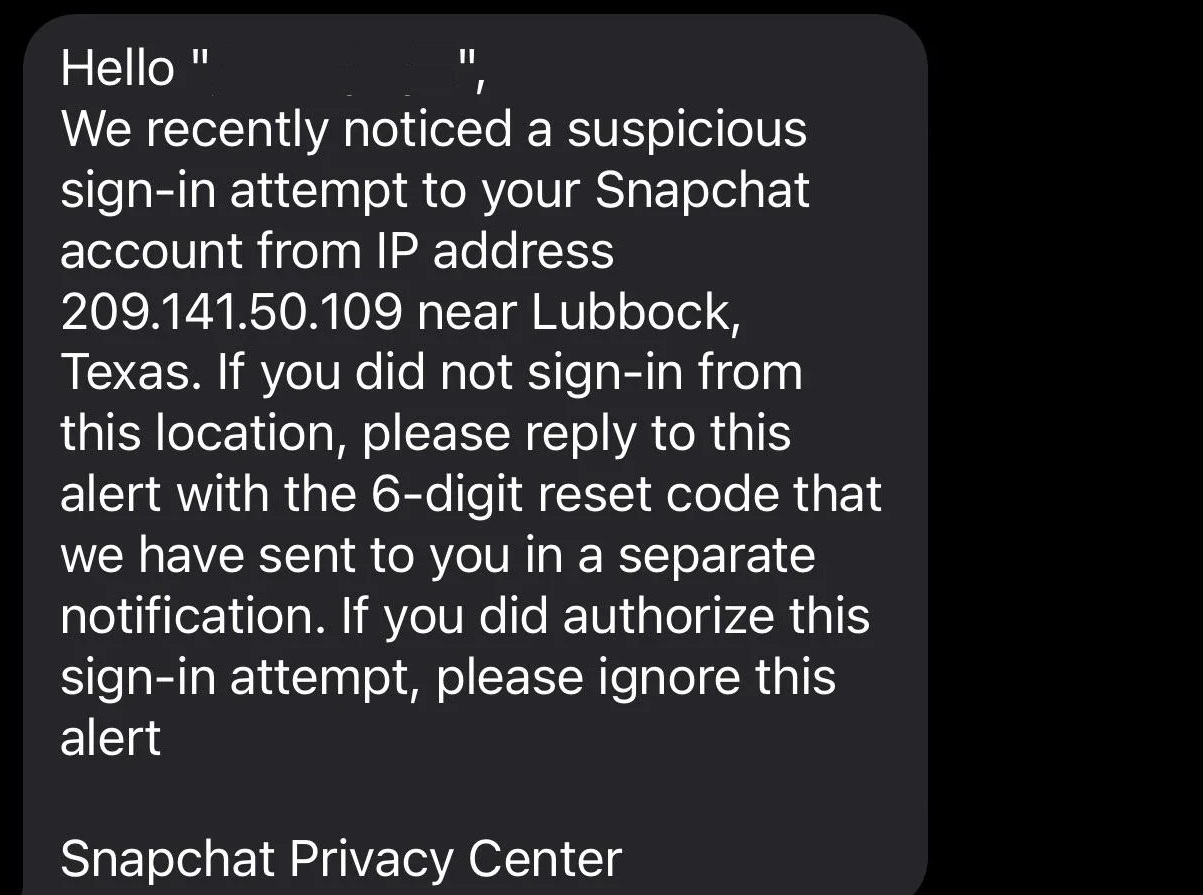 Snapchat 2FA Text Message Scam SMS