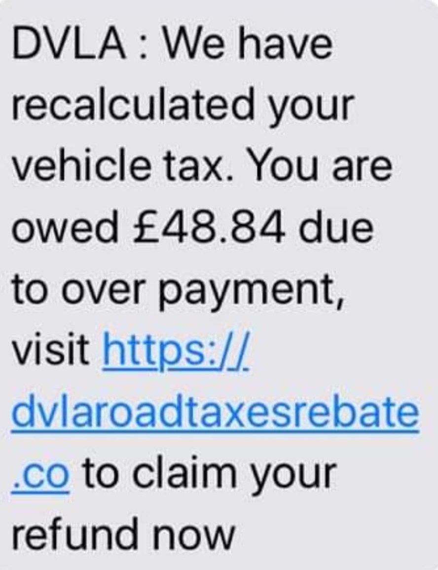 DVLA Tax Refund Text Scam - Recalculated vehicle tax
