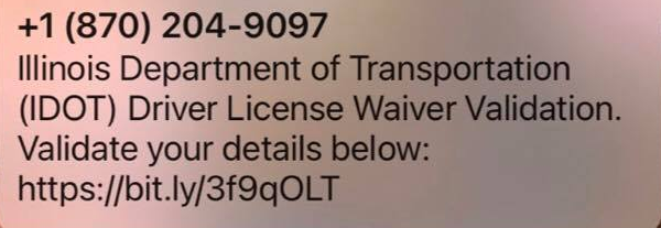 An Illinois Department Of Transportation IDOT Text Scam